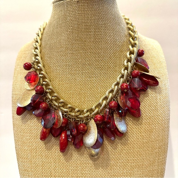 Necklace & Earring set- Brushed gold w/ multiple red acrylic beads - Picture 4 of 12